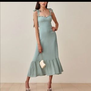 Reformation *inspired* sage/green/blue color midi tie strap dress